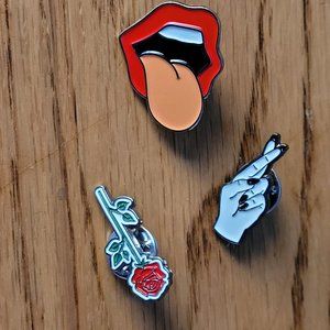 3 Fun Enamel Pins- Lips, Crossed fingers and a Rose NEW, never used